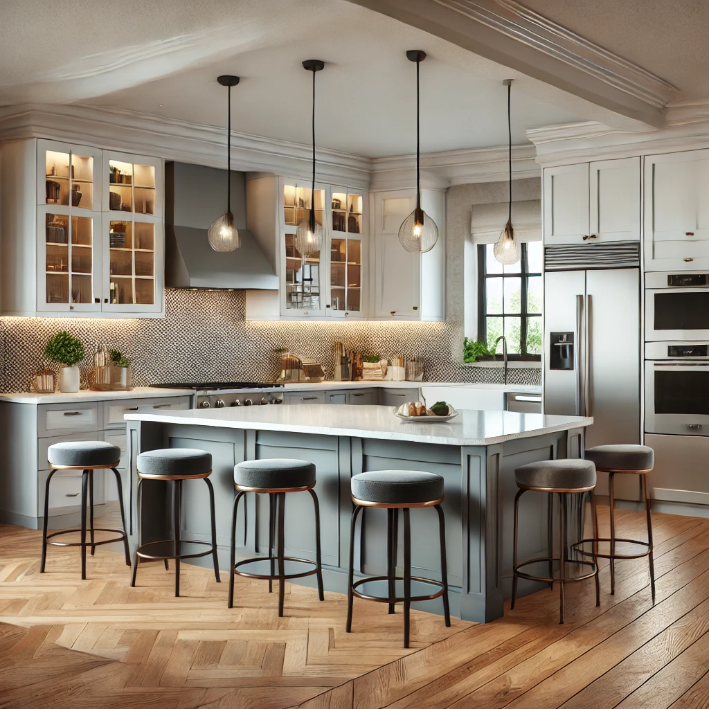 a kitchen with a large island and stools