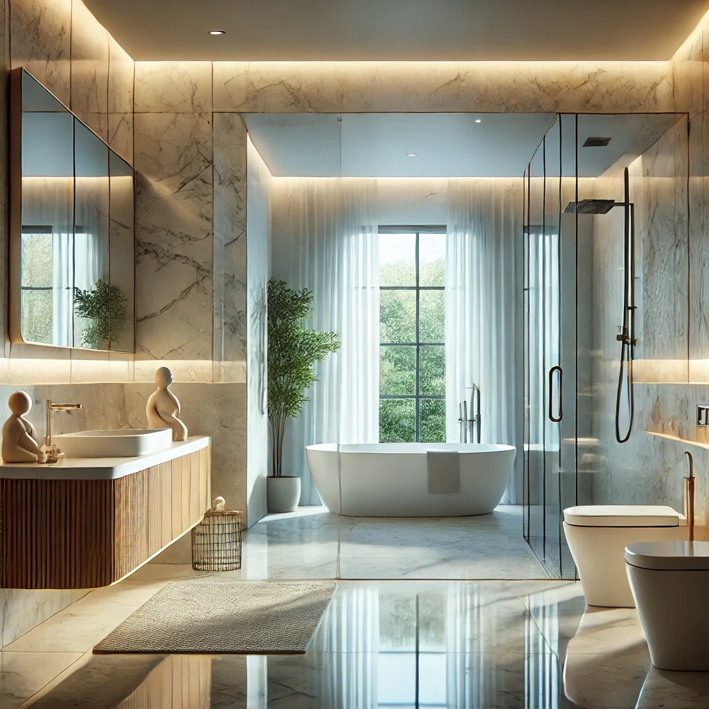 A luxurious modern bathroom showcasing a serene and elegant design. Features include a freestanding bathtub with soft lighting, a walk-in glass shower