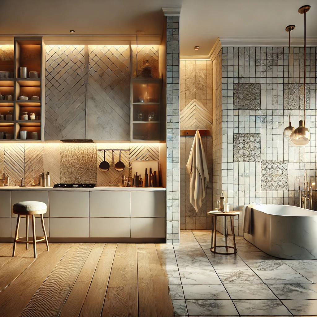 modern kitchen and bathroom featuring elegant tile designs. The kitchen showcases a sleek backsplash with glossy ceramic ti